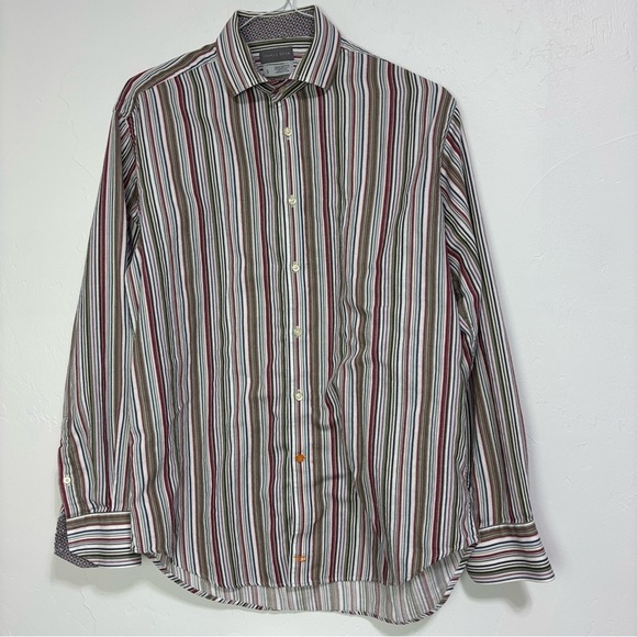 Thomas Dean Men's Button Front Down Dress Shirt Long Sleeve Large Striped Cotton - Picture 1 of 5